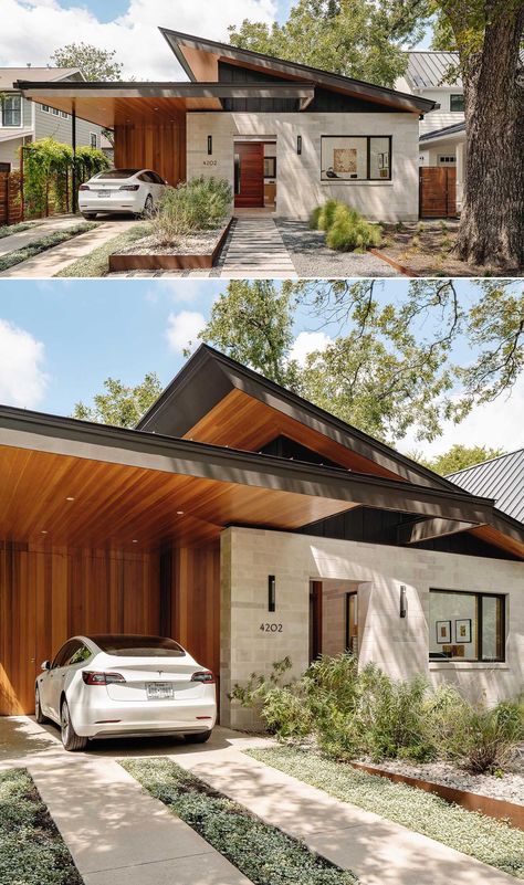 Wood And Limestone Are Prominent Features On The Exterior Of This Small Modern Home Midcentury Driveway, Modern Siding Exterior, 1950s House Exterior, Midcentury Modern House Exterior, Midcentury Modern Exterior, Mcm Exterior, Mid Century Modern House Exterior, Limestone House, Mid Century Modern Exterior