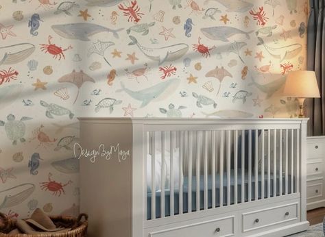 Dreaming of the high seas? Check my Natical nursery ideas 🌊🐳⚓️🦈🛳️🐟 @babyroomwallart • • • #nauticaldecor #highseas #oceandecor #seakids #walldecal #nurserywalldecal #babyboyroom #babygirlroom #babyroomwallart #babyroomdecor #babywallstickers #nurserydecals #nurserydecal #nurserydecor #bohodream #bohostyle #bohokids #urbanoutfittershome #mywallsmyway #bohobaby #bohonurserydecor#nurserydecal #babyroomwallart #kidsroom #kidsinteriors #playroomdecor Ocean Nursery Wallpaper, Coastal Boy Nursery, Underwater Nursery Theme, Baby Boy Nursery Wallpaper, Seaside Nursery, Beachy Nursery, Boy Nursery Wallpaper, Ocean Baby Rooms, Ducks Wallpaper