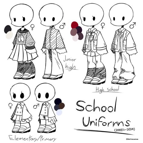 When i was designing these school uniforms for different grade levels for my characters to wear for my project Yoruo(since they are also gonna go to school), i was doing research on how japanese school uniforms looked like in 2000’s, so that it can go along with the timeline of the year where the story takes place(since the story DOES infact take place since the beginning of the 2000’s-the future but in Okayama, Japan), i may have to do more research about that to understand & investigate more School Clothes Drawing, School Uniform Character Design, Japanese School Outfits Drawing, Japanese Fashion Drawing, How To Draw Chibi Clothes, School Uniforms Drawing, School Uniform Ideas Drawing, Uniform Drawing Reference, School Outfit Drawing