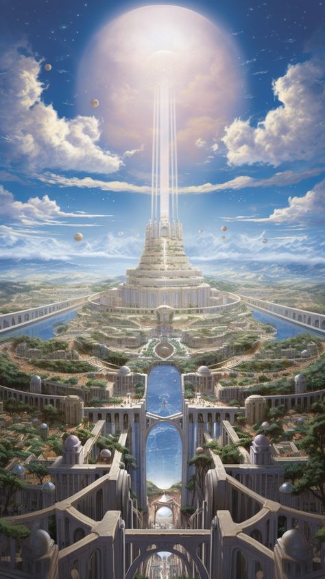 Plato's ideal city-state from The Republic imagined as a Utopian panorama Utopian City Aesthetic, Solar Punk City, Ancient City Concept Art, Futuristic Cities Utopia, Utopian Aesthetic, Solarpunk City, Futuristic Aztec City, Futuristic Mountain City, Utopian World