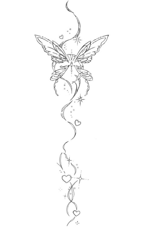 Fairy Spine Tattoos For Women, Cool Line Art Tattoo, Fairy Wing Spine Tattoo, Virgo Spine Tattoo, Fairy Spine Tattoo, Y2k Spine Tattoo, Fairy Back Tattoo, Beautiful Butterfly Drawing, Butterfly Spine Tattoo