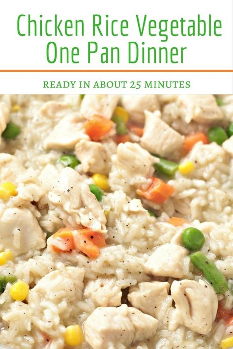 Chicken Rice Vegetable One Pan Dinner combines chicken breasts, broth, rice, and frozen mixed vegetables and is so fast it can be ready in about 25 minutes! Chicken Rice Veggies Dinners, Frozen Vegetable Recipes, Vegetable Rice Recipe, Broth Rice, Mixed Vegetable Casserole, Classroom Cooking, Frozen Mixed Vegetables, Egg Rice, 2023 Recipes