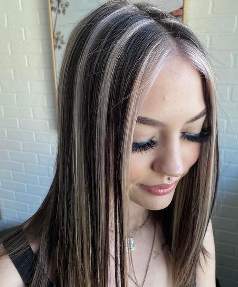 Hair by @209stylesbysara #chunkyhighlights | Instagram Chunky Purple Highlights On Dark Hair, Dark Brown Hair With Thick Blonde Highlights, Blonde Chunky Highlights On Dark Hair, Edgy Highlights, Highlights Styles, Black Hair With Blonde Highlights, College Hair, Icy Blonde Highlights, Chunky Blonde Highlights