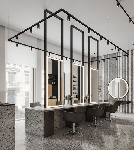 Barber Shop Lighting Ideas, Salon Set Up Ideas Layout, Black And White Beauty Salon, Salon Layout Ideas Floor Plans, Industrial Salon Design, Luxury Beauty Salon Design, Modern Hair Salon Interior Design, Modern Beauty Salon, Hair Salon Stations