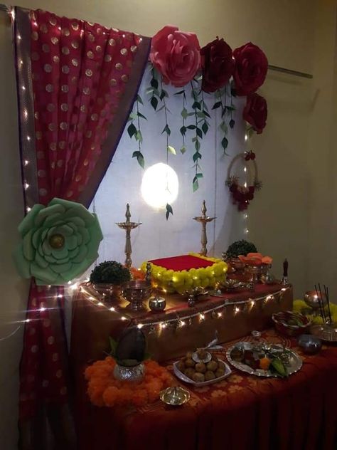 Pooja Decoration Ideas At Home Diy, Dasha Maa Decoration, Gauri Pujan Decoration, Diwali Backdrop Ideas For Home, Gauri Ganpati Decoration Ideas At Home, Navaratri Decoration Ideas At Home, Diwali Puja Decorations At Home, Diwali Pooja Decoration At Home, Laxmi Puja Decoration At Home