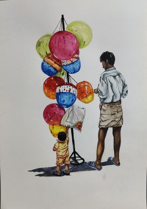 Water Colour Memory Drawing, Balloon Illustration Drawing, Indian Art Sketch, Memory Drawing Watercolor Painting, Balloon Seller Drawing, Balloon Seller, Childhood Memories Art, Composition Painting, Human Figure Sketches