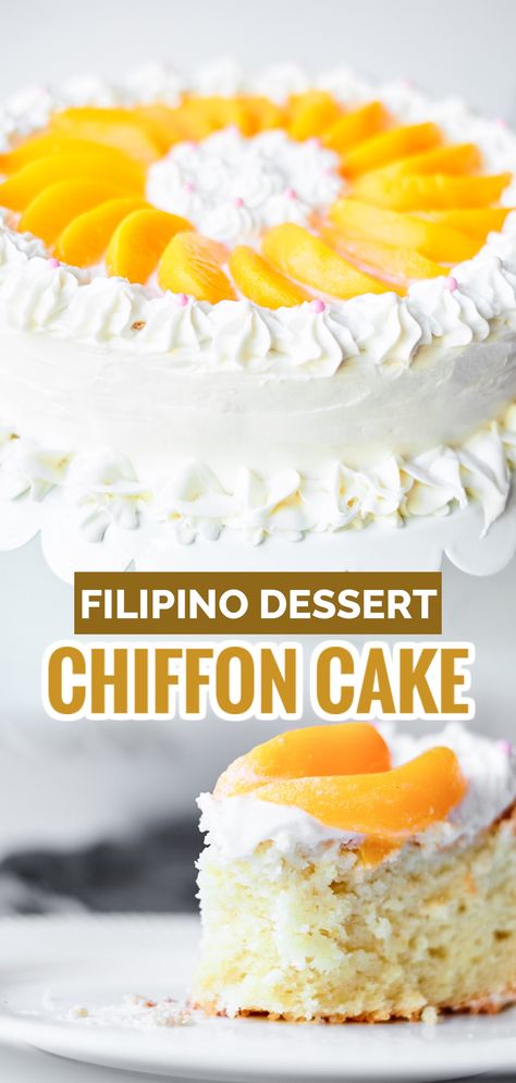 This Chiffon Cake is a light, fluffy and delicious cake that is perfect for parties or any occasion! It’s simple to bake and needs easy-to-find ingredients only! Pineapple Chiffon Cake, Mango Chiffon Cake Recipe, Mango Chiffon Cake, Mango Float, Chiffon Cake Recipe, Peach Upside Down Cake, Cassava Cake, 10 Inch Cake, Baking Skills