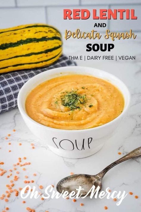 My Red Lentil and Delicata Squash Soup is a warm bowl of comfort food that's kind to your waistline. Delicata squash lends just a hint of sweetness to this soup, and just a few other simple ingredients come together for a thick, creamy (but dairy free) blended soup that will warm your soul. Very low in fat, it's a perfect THM E recipe, too. #lowfat #healthycarbs #vegan #vegetarian #dairyfree #lentilsoup #redlentilsoup #trimhealthymamarecipes #healthy #soups @ohsweetmercy Delicata Squash Soup, Grilled Tuna Steaks Recipes, Blended Soup, Delicata Squash Recipe, Thm E, Healthy Soups, Dried Lentils, Trim Healthy Mama Recipes, Delicata Squash