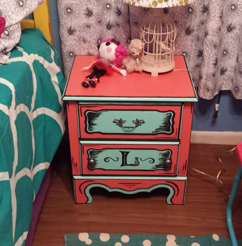 Painted bedside table to look cartoon/Dr. Seuss like! Cartoon Style Furniture, Revamp Furniture Diy, Dresser Painting Ideas, Cartoon Furniture, Cartoon Painting, Diy Furniture Renovation, Painted Dresser, Painted Chairs, The Cartoon