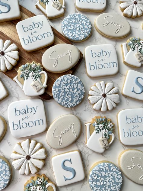 Baby Boy In Bloom Cookies, Baby Shower Themes For Boys Spring, Baby Boy Shower Ideas Summer, Blue Flowers Baby Shower Theme, Romantic Baby Shower Ideas, Baby In Bloom Cake Boy, Baby In Bloom Boy Baby Shower Theme, Baby In Bloom Boy Shower Ideas Blue, Blue Tea Party Baby Shower Ideas