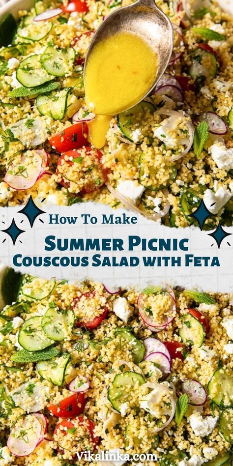 Summer Couscous Salad Recipes, Sauce For Couscous, Dressing For Couscous Salad, Coucous Salad Recipes Feta, Couscous Salad Dressing, Lemony Salad, Summer Couscous Salad, Summer Picnic Salads, Vikalinka Recipes