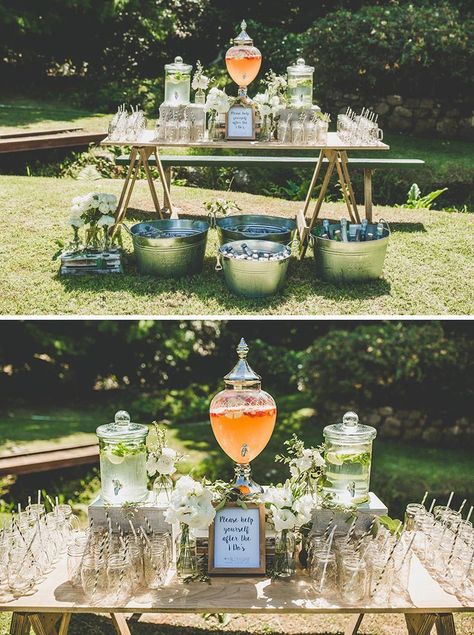 Garden Party Beverage Station, Ceremony Beverage Station, Beer At Wedding Receptions, Outdoor Drinks Station, Non Alcoholic Drink Table Wedding, Drink Tables Party, Drink Buckets For Wedding, How To Serve Drinks At A Wedding, Cocktail Table Party Drink Stations