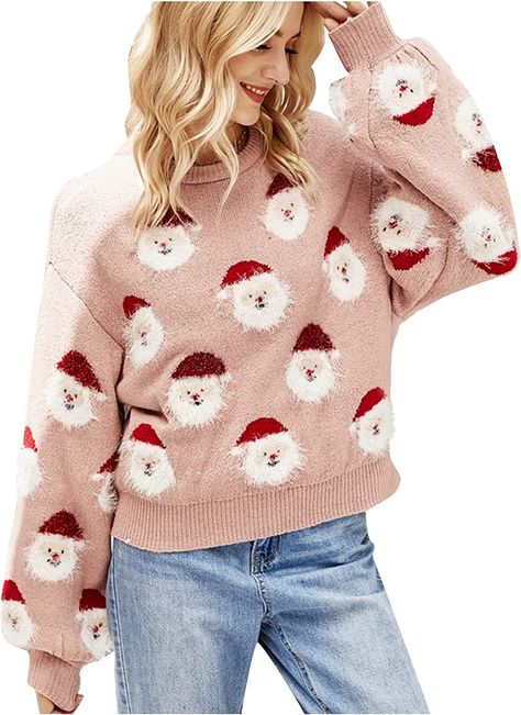 Christmas Sweater for Women Cute Merry Xmas Santa Claus Holiday Cozy Knit Pullover Crewneck Sweatshirts Tops Pink at Amazon Women’s Clothing store Streetwear Fashion Girl, Designer Christmas, Winter Streetwear, Plus Size Pullover, Oversize Pullover, Christmas Sweaters For Women, Oversize Casual, Warm Sweaters, Women Pants Casual