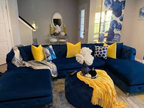 Navy Blue And Yellow Living Room Ideas, Royal Blue And Mustard Living Room, Navy Blue Sitting Room Ideas, Dark Blue And Yellow Living Room, Blue Mustard Living Room, Navy Blue And Mustard Living Room, Navy Blue And Yellow Living Room Decor, Blue And Yellow Living Room Color Scheme, Navy And Mustard Living Room