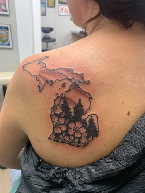 Small Michigan Tattoo, State Of Michigan Tattoo, Michigan Tattoos For Women, Michigan Tattoo Ideas, Michigan Tattoo, Michigan Outline, Michigan Tattoos, White Pines, Apple Blossoms