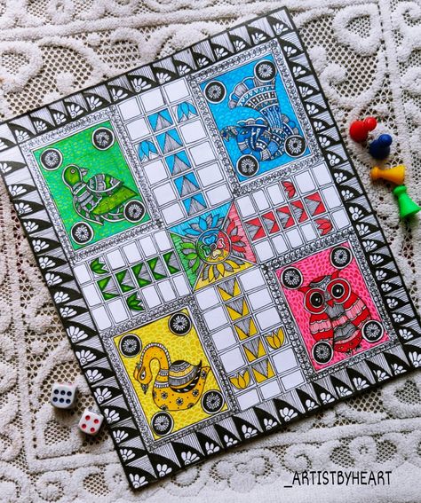 This attractive Ludo ( board game) is made in madhubani style of indian folk art, it is also known as mithila painting. This is made on a art paper and available for sales and prints ( For queries visit my Instagram DM to know the details) Visit link now!! Madhubani Ludo Board, Mithila Art Design, Indian Cultural Art, Mithila Painting Indian Folk Art, Mithila Painting Design, Ludo Drawing, Mood Boards Painting, Madhubani Drawing Indian Paintings, Madhubani Art Design