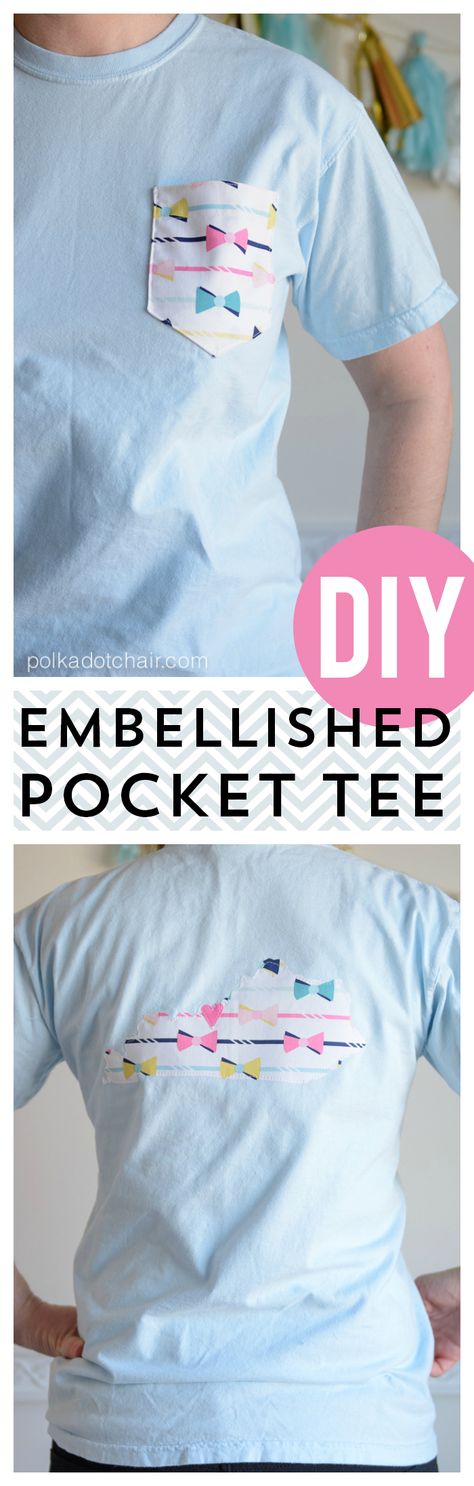 A fun way to dress up a plain t-shirt- How to make a pocket t-shirt Add Fabric To Shirt, Sewing A Pocket On A Shirt, How To Add A Pocket To A Shirt, How To Sew A Pocket On A Shirt, Embroidery Dress Diy, Shirt Dress Diy, Shirt Tutorial, Pocket Tees, Diy Clothes Refashion