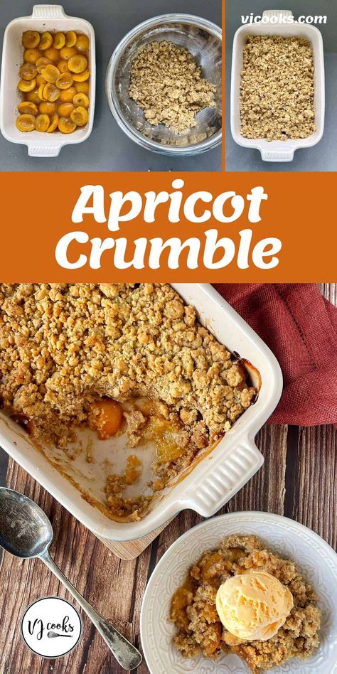 A delicious wintry dessert made from canned apricot halves and a buttery golden crumble topping. This affordable dessert is super easy to whip up and can be made with your favourite canned, stewed or fresh fruit. #vjcooks #winterdesserts #cannedfruit #applecrumble #apricotcrumble Stewed Apricots Recipe, Apricot Crisp Recipes, Canned Apricot Recipes Desserts, Recipes With Apricots, Canned Apricot Recipes, Apricot Crumble Recipe, Apricot Desserts, Apricot Crisp, Crumbles Recipes