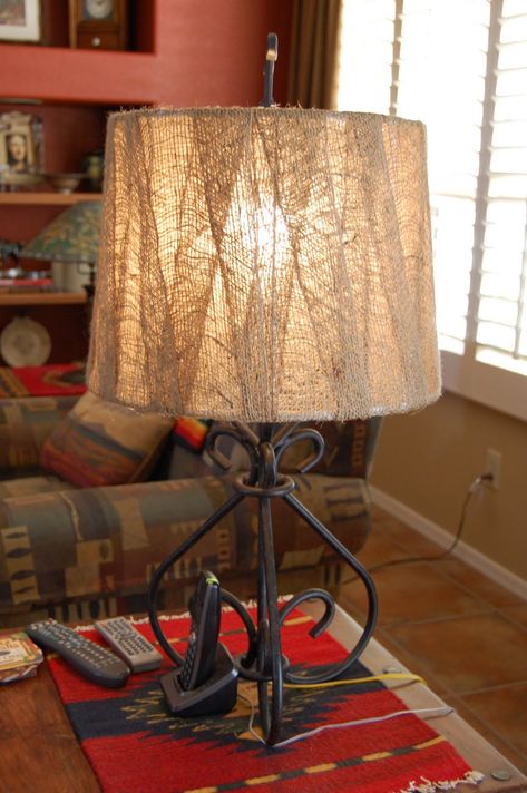 Diy Lampshade Makeover, Lampshade Redo, Burlap Lampshade, Cover Lampshade, Lampshade Makeover, Rustic Lamp Shades, Lamp Makeover, Diy Shades, Diy Lamp Shade