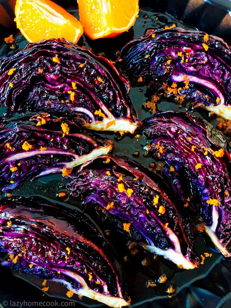 Roasted red cabbage wedges with orange dressing - Lazyhomecook Recipe For Red Cabbage, Roasted Red Cabbage, Cabbage Wedges, Roasted Cabbage Wedges, Orange Dressing, Lila Party, Red Cabbage Recipes, Red Cabbage Salad, Squeezed Orange Juice