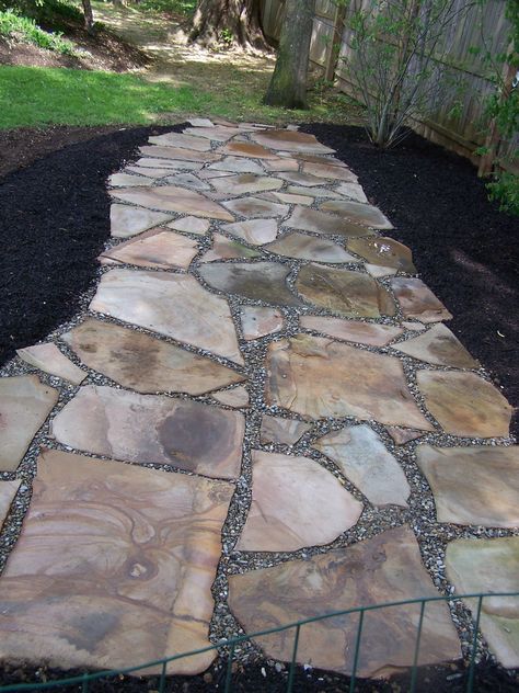 irregular natural stone permeable patio with pea gravel joints Irregular Stone Patio, Permeable Patio, Pea Gravel Patio, Concrete Patios, Gravel Patio, Patio Steps, Pea Gravel, Flagstone Patio, Gravel Garden