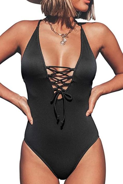 Deep V Neck Textured Rib Bathing Suit, Lace-up Front, Adjustable Cross Back Straps. Best Holiday Gifts for Mom, Wife, Girlfriend or Women You Love. Perfect for Tropical Vacations, Summer, Beach & Pool, Honeymoon, Cruise. Beachwear Brands, Cupshe Swimsuits, Affordable Swimwear, Halter One Piece Swimsuit, Black One Piece, One Piece Swim, Neck Lace, One Piece For Women, Black Swimsuit