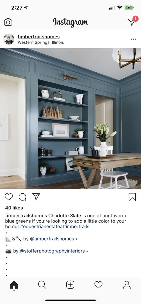 Blue/Gray/Green = Charlotte Slate (BM) Charlotte Slate, Blue Green Paint Colors, Slate Blue Paint, Blue Paint Living Room, Paint Living Room, Blue Green Paint, Slate Kitchen, Living Room Blue, Dining Room Paint Colors