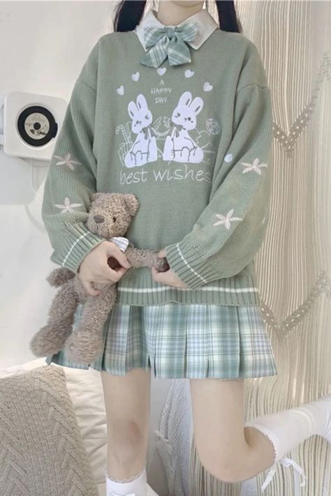 Cute Rabbit Pattern Green Knitted Sweater – Tomscloth High School Outfits Aesthetic, Freshman High School, Freshman High School Outfits, School Outfits Aesthetic, Aesthetic Tips, High School Outfits, Rabbit Pattern, Clothes Summer, Cute Rabbit