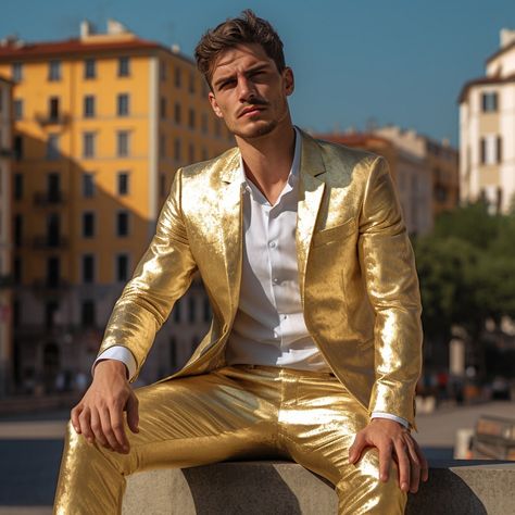 Zodiac Outfits, Banquet Outfit, Metallic Fashion, Rachel Reynolds, Gold Suit, Formal Men, Leather Outfits, Gold Pants, Formal Men Outfit