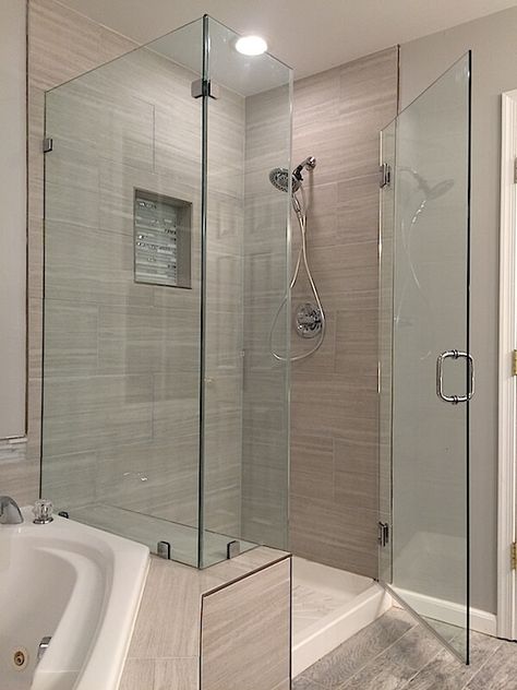 Shower with Knee Wall | Frameless Corner Shower Enclosures Shower With Knee Wall, Shower Head Placement, Corner Showers, Glass Corner Shower, Frameless Glass Shower Doors, Corner Shower Doors, Bathroom Redecorating, Shower Renovation, Shower Tiles