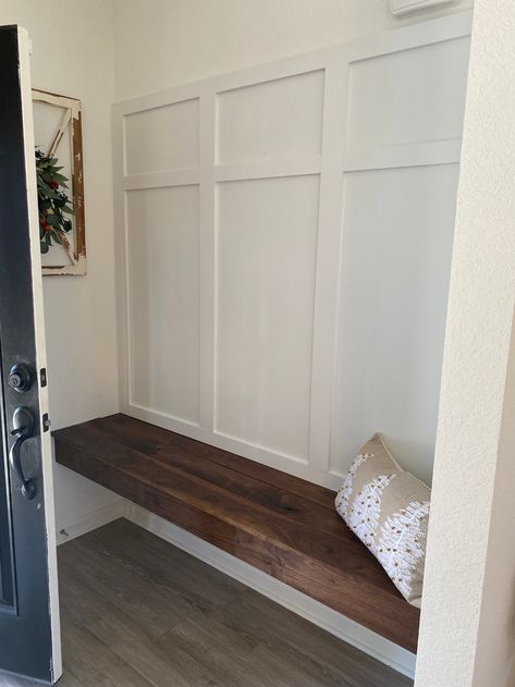 Front Entry Bench, Entryway With Bench, Board And Batten Entryway, Batten Entryway, Hall Bench With Storage, Entry Nook, Closet Bench, Floating Bench, Foyer Bench