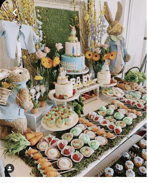 Peter Rabbit Party Centerpieces, Easter Themed Birthday Party For Boy, Petter Rabbit Birthday Party Decor, Peter Rabbit Centerpiece Ideas, Easter Themed Baby Shower Ideas, Peter Rabbit Cupcakes, Peter Rabitt Baby Shower Ideas, Peter Rabbit Party Food, Peter The Rabbit Baby Shower Theme