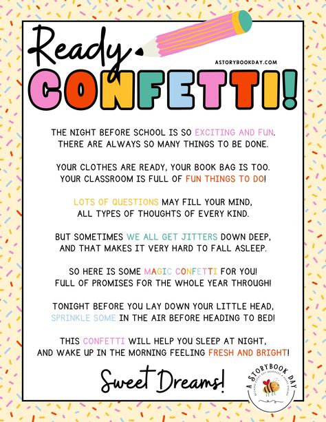 Free Printable: Back to School "Ready Confetti!" Letter Ready Confetti Free Printable, Ready Confetti, The Night Before School, 4th Of July Trivia, Junior Kindergarten, Free Family Printables, Night Before School, First Day Jitters, Kindness Activities