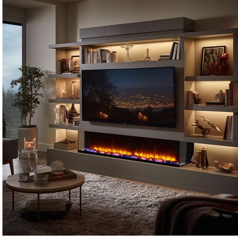 CastletonFires Rosedale Media Electric Fire | Wayfair.co.uk Media Wall With Electric Fire, Sitting Room Wall Decor Ideas, Dark Media Wall, Media Wall Decor Ideas, Electric Fireplace Ideas Bedroom, Tv Media Wall Ideas, Uk Living Room Ideas, Media Wall With Fireplace And Tv, Living Room Entertainment Center Ideas