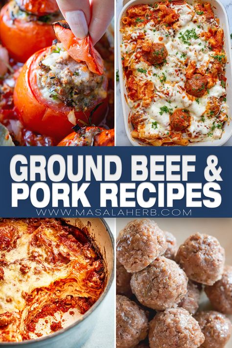 A collection of recipes prepared with ground beef and pork. Both meats together compliment each other. Your meat will be juicier and more flavorful. Here are my favorite recipes that I pass on to you. www.MasalaHerb.com Ground Beef Ground Pork Meatloaf, Ground Pork Beef Recipes, Ground Pork Ground Beef Recipes, Beef Pork Recipes, Mixed Ground Beef And Pork Recipes, Ground Beef And Pork Recipes Main Dishes, Minced Beef And Pork Recipes, Ground Beef Pork Recipes, Dinner Ideas With Ground Pork