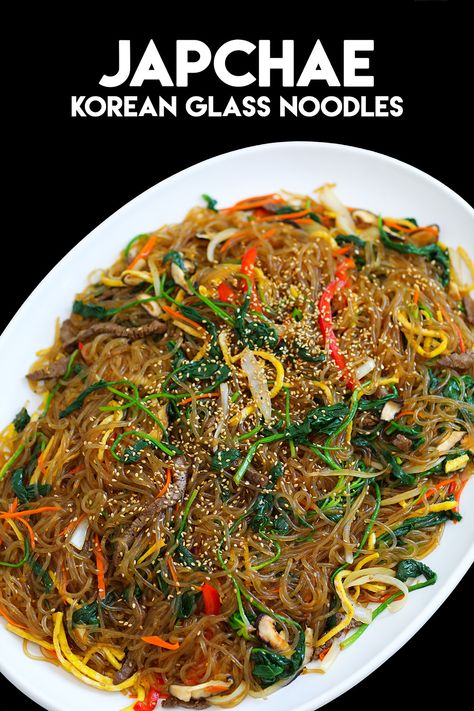 Seongkyong Longest, Chap Jae Recipe, Korean Japchae Recipe, Korean Noodle Recipes, Korean Japchae, Korea Recipes, Japchae Recipe, Korean Sweet Potato Noodles, Glass Noodles Recipe