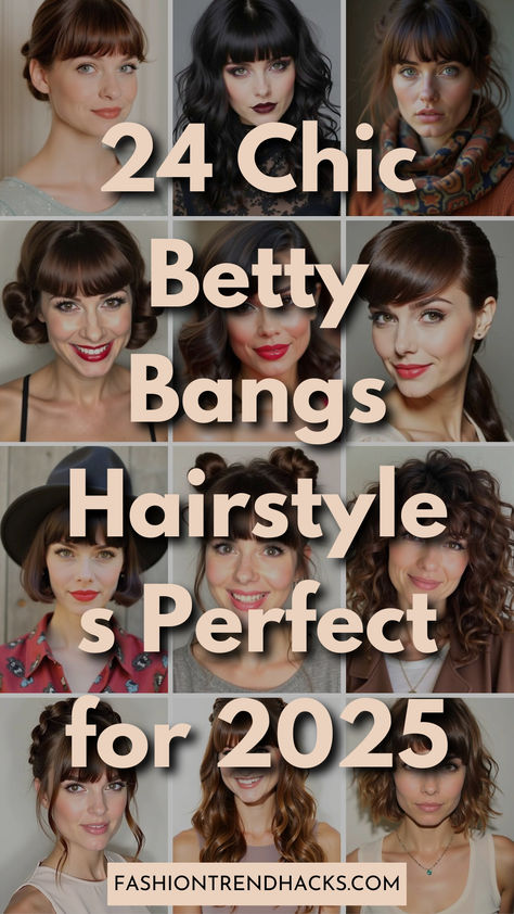 A collage showcasing 24 chic Betty bangs hairstyles for 2025, featuring a mix of trendy, bold, and elegant styles for every look. Perfect inspiration for a fresh haircut idea! Women’s Short Haircuts With Bangs, Double Bangs Hairstyle, Trending Hairstyles With Bangs, Vintage Bangs Hairstyles, Beth Dutton Bangs Diy, Short Thick Bangs, Type Of Bangs For Women, Different Bang Styles Face Shapes, 50s Bangs