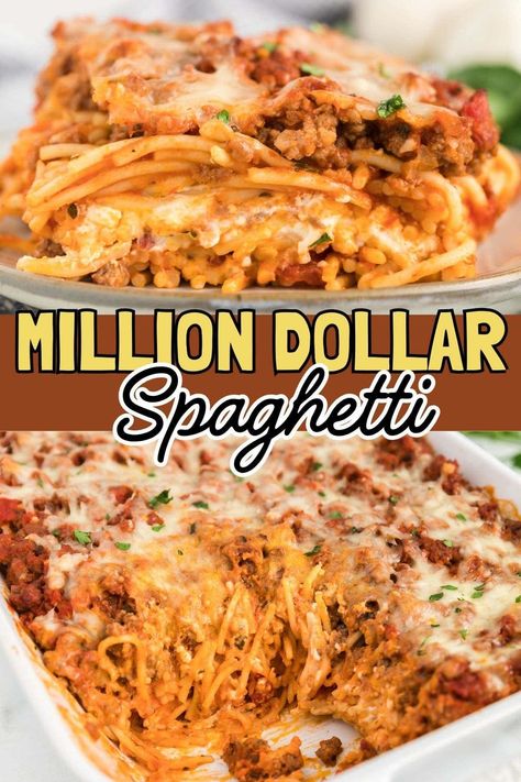 Million Dollar Spaghetti is a tasty, cheese and meat-filled pasta casserole that will feed and fill up a big family or group! This easy casserole is the perfect dinner recipe for even the pickiest eaters. Make it with ground beef, turkey, chicken or vegetarian! Loaded with cheese, garlic, sauce and more! So delicious! Cast Iron Baked Spaghetti, Best Spaghetti Casserole, Ground Chicken Pasta Casserole, Cheesy Spaghetti Casserole, Million Dollar Spaghetti Casserole Easy, Million Dollar Chicken Bake Recipe, Millionaire Spaghetti Casserole, Spaghetti Hot Dish, Easy Supper Ideas With Ground Beef