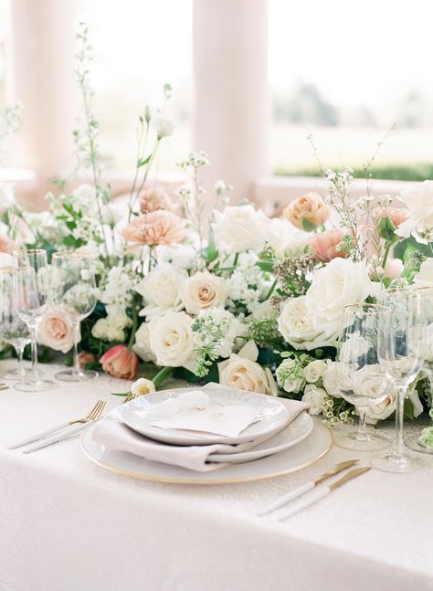 Flower Forward Whimsical Garden Meets Classic Elegance Wedding Memorial Arrangements, Classic Garden Wedding, Planning 2023, Centerpiece Inspiration, Events Decorations, Kings Table, Pastel Wedding Flowers, Table Garland, Elegance Wedding