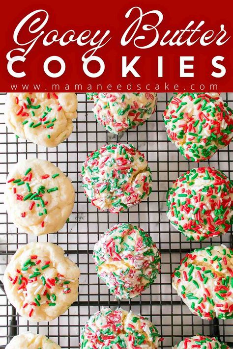 Looking for a delicious and easy holiday treat to make this Christmas? Look no further than Gooey Butter Cake Cookies made with cake mix! These cookies are a delightful mix of gooey, buttery, and sweet flavors and decorated with Christmas sprinkles. Gooey Butter Cookies Christmas, Cake Batter Crinkle Cookies, Butter Golden Cake Mix Cookies, Oatmeal Cookies With Cake Mix Boxes, Cake Mix Santa Cookies, Buttery Christmas Cookies, Cake Batter Christmas Cookies, Cake Mix Butter Cookies, Yellow Cake Batter Cookies