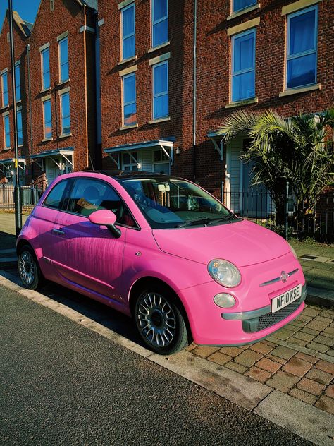 Pink Fiat 500 With Eyelashes, Fiat 500 Aesthetic, Pink Fiat 500, Fiat 500 Pink, Pink Fiat, Pink Cars Vintage, Pink Cabriolet, Fiat 500 Convertible Pink, Pink Vehicles