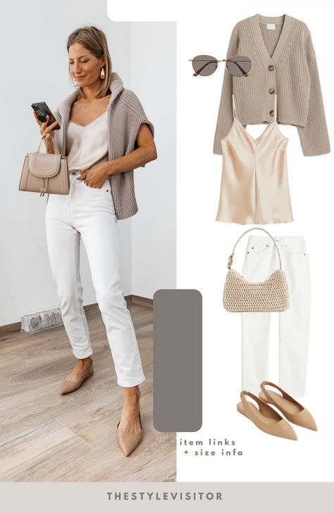 White Jeans Elegant Outfit, White Ankle Jeans Outfit, White Jeans Work Outfit Summer, White Jeans Outfit Summer Work, White And Jeans Outfit, Smart Casual Summer Outfits, Classic Spring Outfits, White Jeans Spring, Summer Outfit Ideas For Women