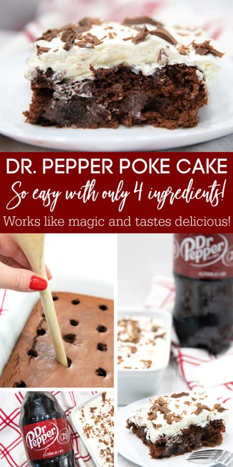 Devils Food Poke Cakes, Poke Cake Recipes With Pudding, Easy Poke Cake Recipes Simple, Dr Pepper Cheesecake Recipe, Devils Food Cake Poke Cake, Chocolate Crunch Poke Cake, Chocolate Cake Poke Recipe, Dr Pepper Recipes Desserts, Cherry Chip Poke Cake