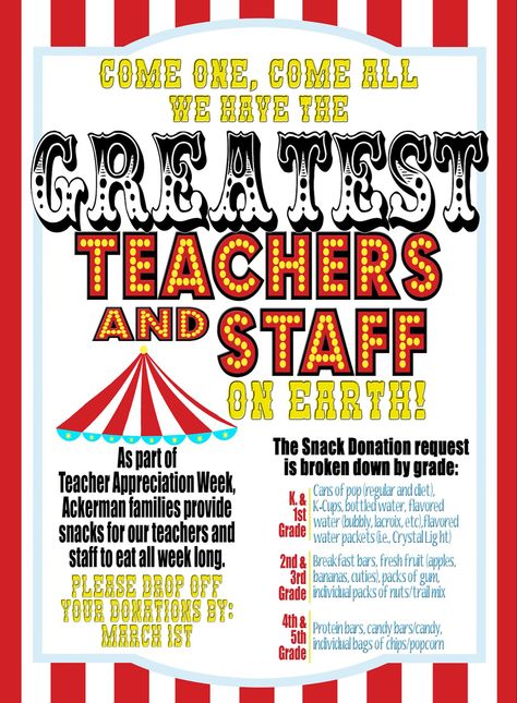 Circus Themed Teacher Appreciation Week, Circus Teacher Appreciation Week, Teacher Appreciation Week Themes Ideas, Pta Activities, Appreciation Themes, Practice Manager, Teacher Appreciation Week Themes, Activities Director, Teacher Appreciation Themes