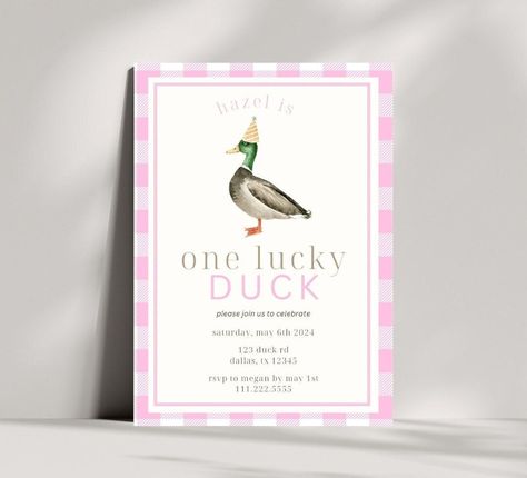 One Lucky Duck Birthday Party Girl, Duck First Birthday Girl, Lucky Duck First Birthday, Duck 1st Birthday, 1st Birthday Template, Duck First Birthday, One Lucky Duck, Hunting Theme, Duck Birthday