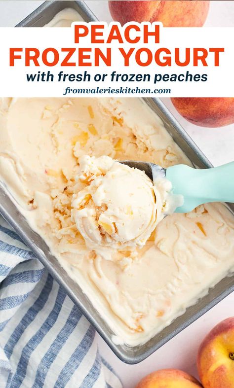 Peach Frozen Yogurt Recipe, Diy Frozen Yogurt, Homemade Frozen Yogurt Recipes, Cuisinart Ice Cream Maker Recipes, Peach Frozen Yogurt, Homemade Frozen Yogurt, Ice Cream Recipes Machine, Frozen Greek Yogurt, Frozen Yogurt Recipes