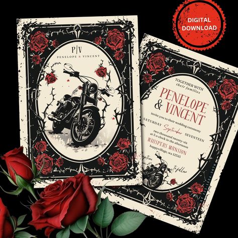 Editable Ride into Forever: Bikes and Roses Wedding Invitation Template | Vintage Motorcycle Wedding | Printable, Instant download Heavy Metal Wedding Invitations, Biker Wedding Theme, Motorcycle Wedding Invitations, Bike Wedding, Motorcycle Wedding, Biker Wedding, Wedding Printable, A5 Printables, Bold Color Schemes