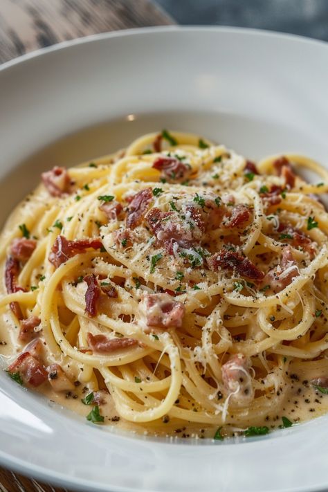 Indulge in the creamy goodness of Spaghetti Carbonara with this classic recipe that promises to satisfy your pasta cravings. This flavorful dish features al dente spaghetti coated in a rich, velvety sauce made from eggs, cheese, pancetta or bacon, and black pepper. Whether you're looking for a quick weeknight meal or want to impress guests at a dinner party, this Spaghetti Carbonara recipe is sure to be a hit. Spaghetti Carbonara Recipe, Carbonara Recipe, Spaghetti Carbonara, Simple Ingredient, Get Ready, Spaghetti, Collage, Pins