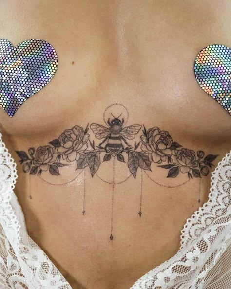 Honey Bee Tattoo Ideas Unique, Bee Chest Tattoo, Bumble Bee Chest Tattoo, Bee Tattoo Sternum, Bee Sternum Tattoo Women, Bee Underboob Tattoo, Bee Sternum Tattoo, Bee Butts Tattoo, Small Bee Tattoo