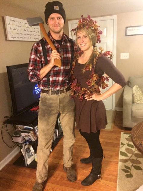 A lumberjack and his tree. Lumberjack Couples Costume, Lumberjack And Tree Costume, Lumberjack And Tree Couples Costume, Lumberjack Couple Costume, Lumberjack Halloween, Lumberjack Costume, Couple Costume Ideas, Easy Couple Halloween Costumes, Tree Costume